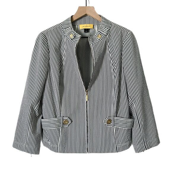St. John Zip Up Lightweight Blazer Jacket in Navy White Stripe Size Medium - Picture 1 of 8